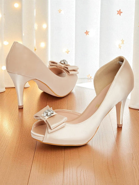 Champagne Satin Bow Women's Peep and Toe Heels with FashionChic