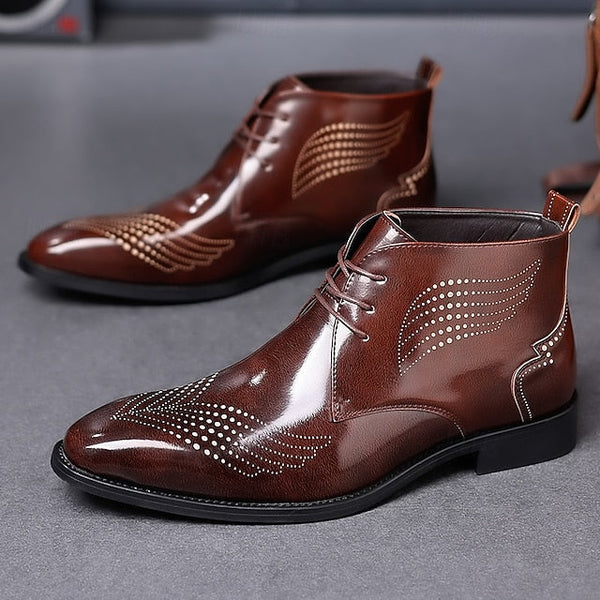 Wingtip Glossy Brogue Burgundy Leather Men's Ankle Faux FashionChic
