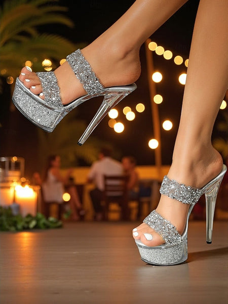High Heel Glitter Platform Rhinestone Mules Women's Peep - FashionChic