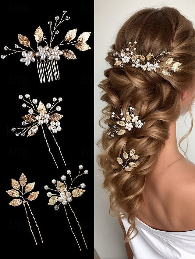 Leaf Faux Pearls Accessory Bridal Hair with Set and Silver Gold FashionChic
