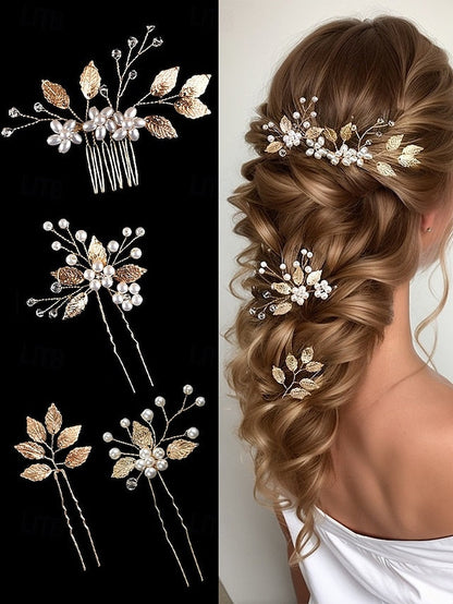Leaf Faux Pearls Accessory Bridal Hair with Set and Silver Gold FashionChic