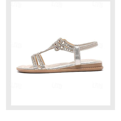 T-Strap Sandals Women's Silver Boho Rhinestone Flat – FashionChic