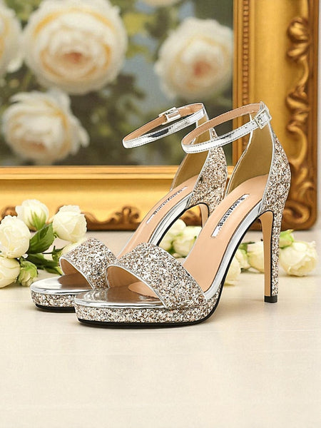 High Glitter with Strap Silver Sandals Ankle Heel Women's FashionChic