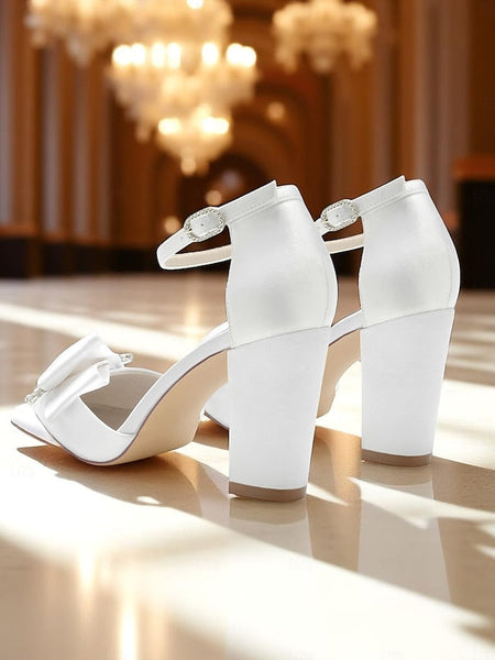 Block Crystal Pumps Bow Satin with Heel and Women's FashionChic
