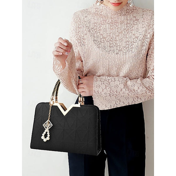 Handbag Faux with Elegant – Women's Pendant Pearl Leather FashionChic