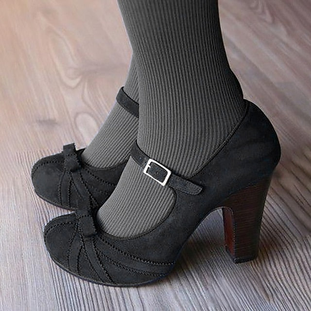 Suede and Heels Bow Jane with Mary Red Detail Black Women's FashionChic