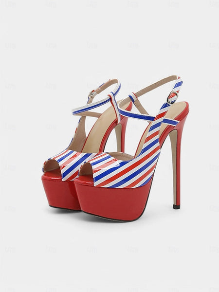 Striped White Platform Stiletto Blue Red Women's Heels and FashionChic
