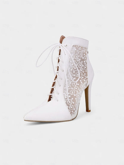 Women's Mesh Booties Ankle Lace Stiletto White Heels with FashionChic