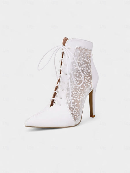 Women's Mesh Booties Ankle Lace Stiletto White Heels with FashionChic