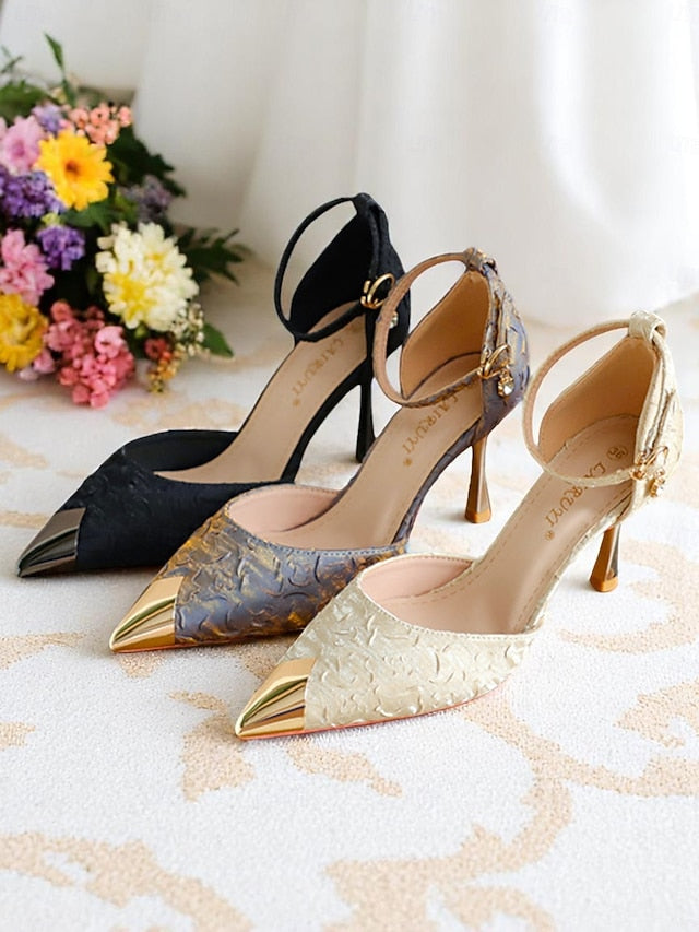 Gold Satin Heels and Beige Women's Pointed Accents with Toe FashionChic