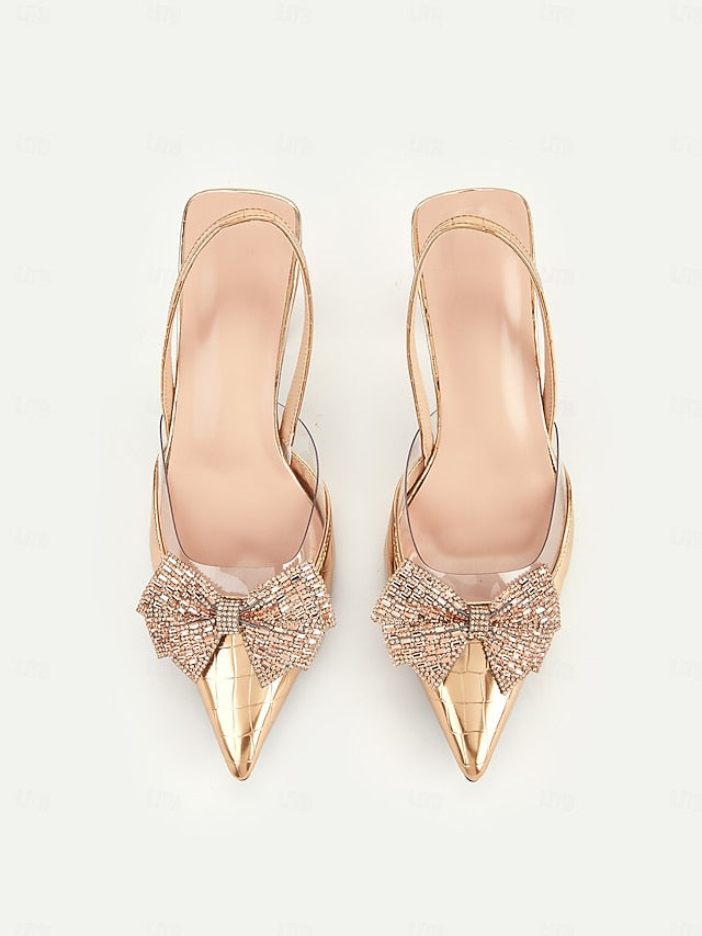 Bow Heels Quilted Gold Slingback with Women's Detail - FashionChic