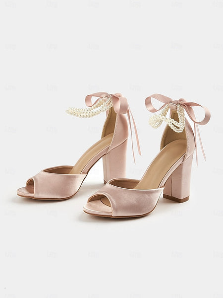 Peep-Toe Sandals Heel Pearl Satin Block Ankle Women's with FashionChic