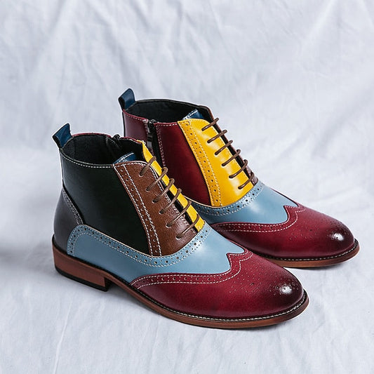 Faux Brogue Vintage Multicolor Leather Men's Ankle - Boots FashionChic