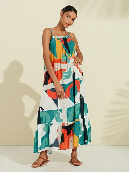 Rainbow Nature Landscape Trim Cami Midi Chiffon Dress