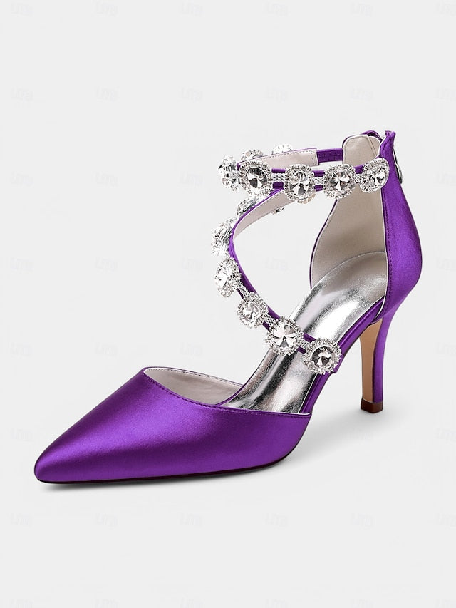 with Ankle Purple Women's Satin Heels Crystal Stiletto FashionChic