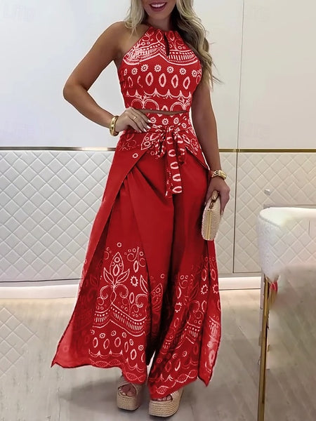 Women's Active Boho Blouse Pants Sets Sleeveless Halter