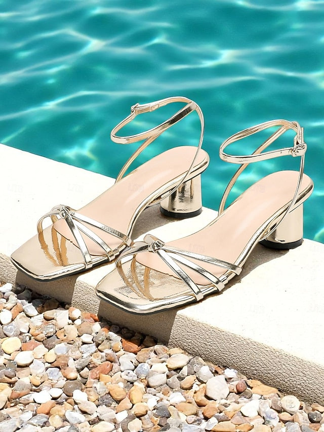 Shiny Heels Block Metallic Women's Ankle Strap Gold – FashionChic