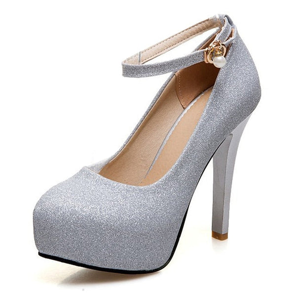 Stiletto Silver Heels Women's Glitter Ankle with Platform FashionChic