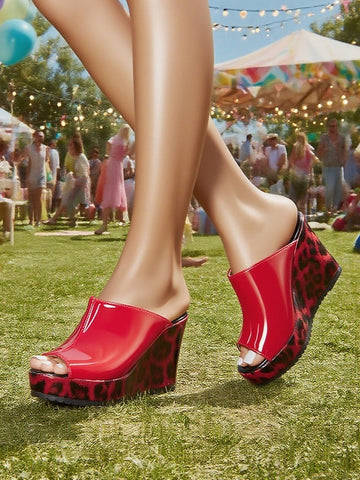 - Wedge Leather Sandals Toe Peep Leopard Red Women's Patent FashionChic