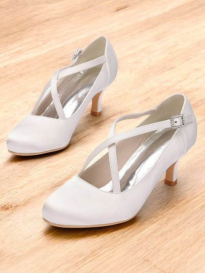 Elegant Buckle White Satin Cross-Strap Heels with – Rhinestone FashionChic