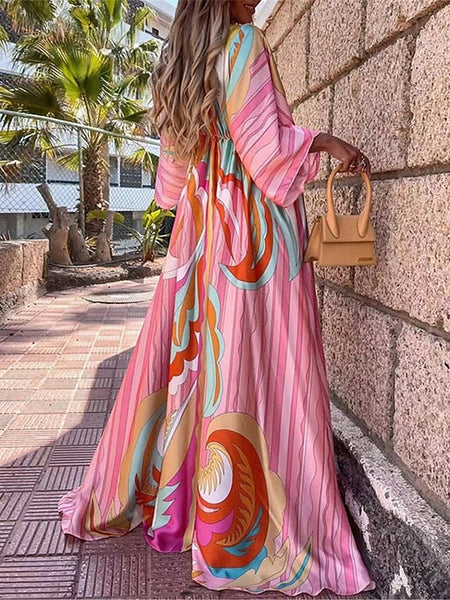 Women's Color Block V Neck Maxi Dress 3/4 Length Sleeve