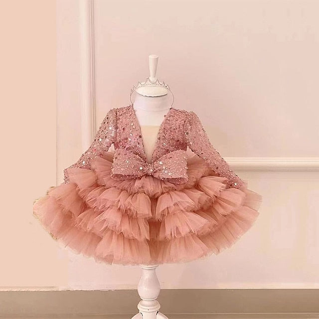 Long Party Girls' Dress Performance Sequin Sleeve Kids FashionChic