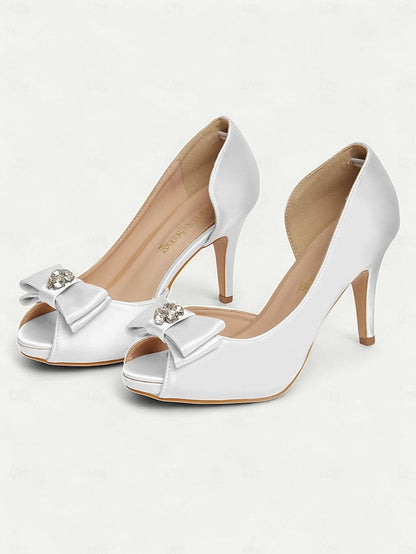 Champagne Satin Bow Women's Peep and Toe Heels with FashionChic