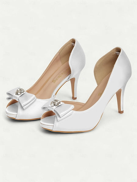 Peep Satin Heels Champagne with Toe and Women's Bow FashionChic