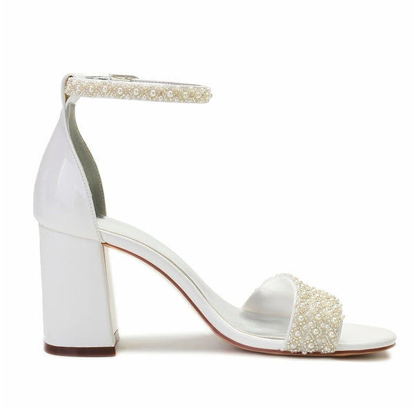 Women's Ankle Embellished White Ivory Block Pearl Strap FashionChic