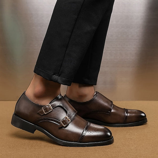 Double Men's Shoes Monk Strap Faux Brown with Dress Leather FashionChic