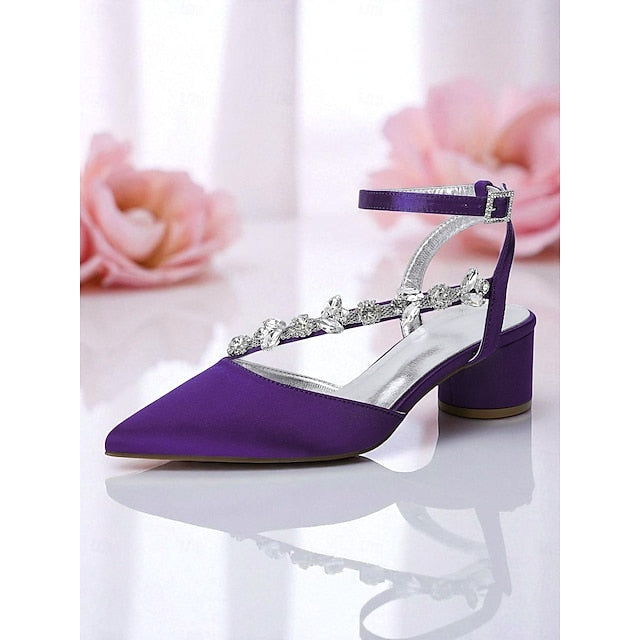 Purple Heel Pumps Women's Satin Block with Rhinestone FashionChic