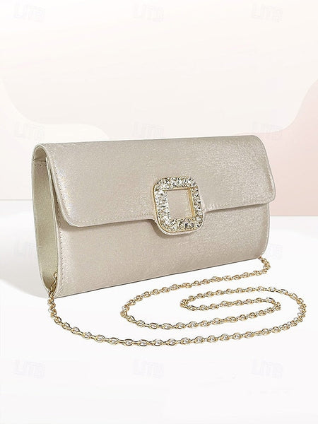 Elegant Buckle Rhinestone Women's Satin - White Clutch with FashionChic