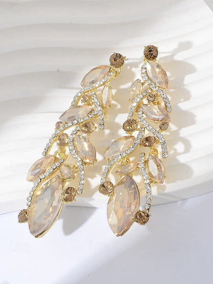 Leaf Earrings Crystal Women's Gold Design Elegant - FashionChic
