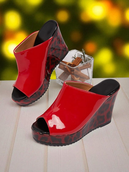 - Wedge Leather Sandals Toe Peep Leopard Red Women's Patent FashionChic