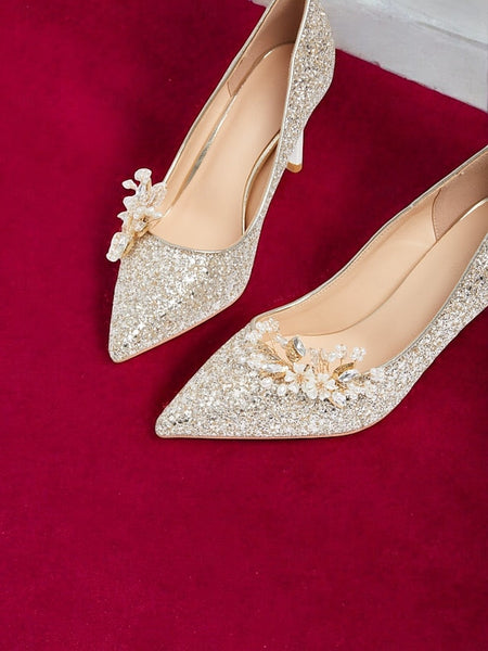 with Women's Glitter Floral Heels Silver Stiletto FashionChic