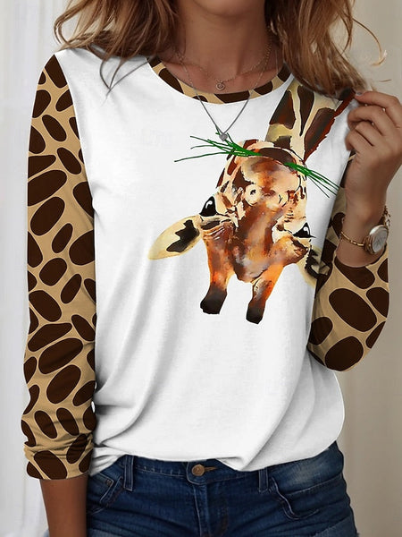 Women's T shirt Crew Neck Long Sleeve Tunic Graphic Animal FashionChic