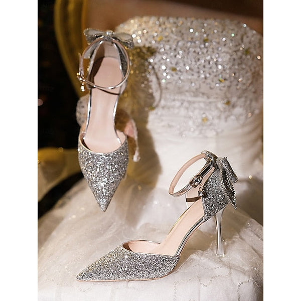Glitter Bow Sparkly Heels - Pointed Women's Toe Silver FashionChic