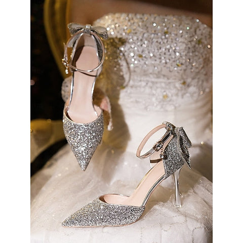Glitter Bow Sparkly Heels - Pointed Women's Toe Silver FashionChic