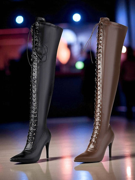 Knee Women's the Stiletto Brown Lace-Up Sexy - Boots Over FashionChic