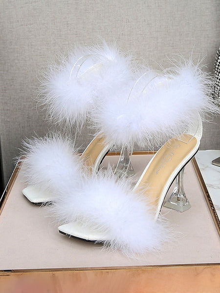 Clear Heel with Turquoise Sandals Feather-Embellished High FashionChic