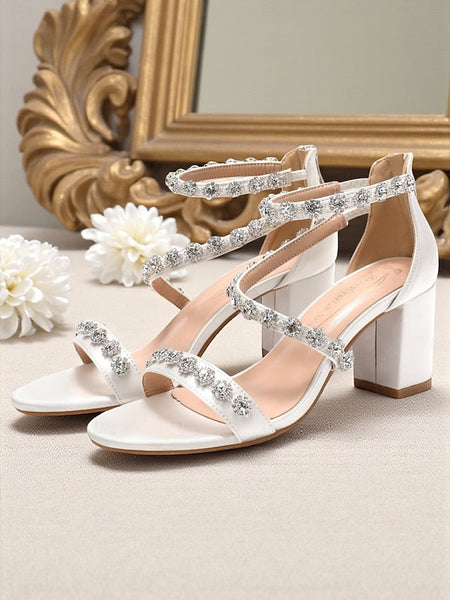 White Elegant Rhinestone - Women's Open Heel Block Sandals FashionChic