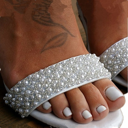 Women's Ankle Embellished White Ivory Block Pearl Strap FashionChic