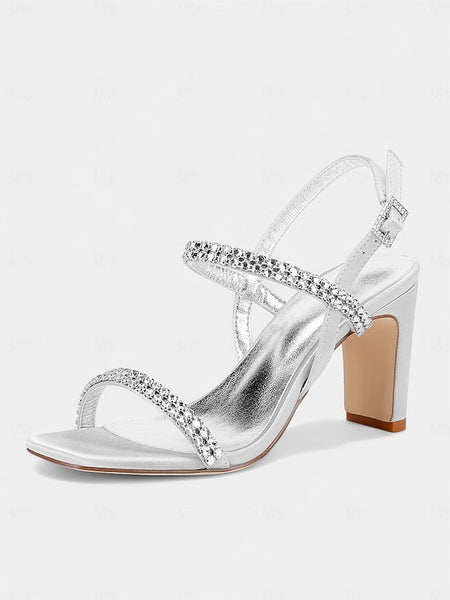 – Sandals Bridal White Women's Rhinestone Heel Block Prom FashionChic
