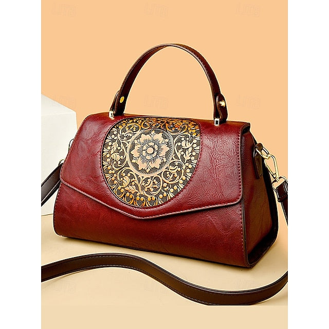 Floral – Faux Vintage Engraved Handbag Leather Women's FashionChic