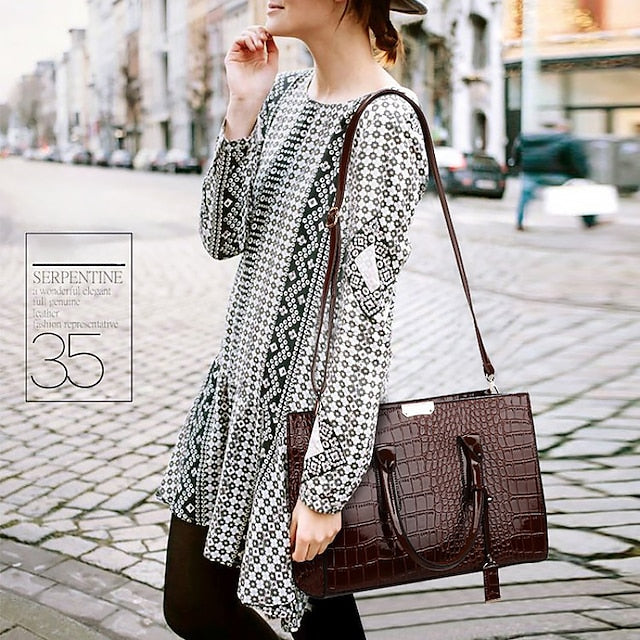 Black Crocodile Women's Leather Pattern Handbag with Patent FashionChic
