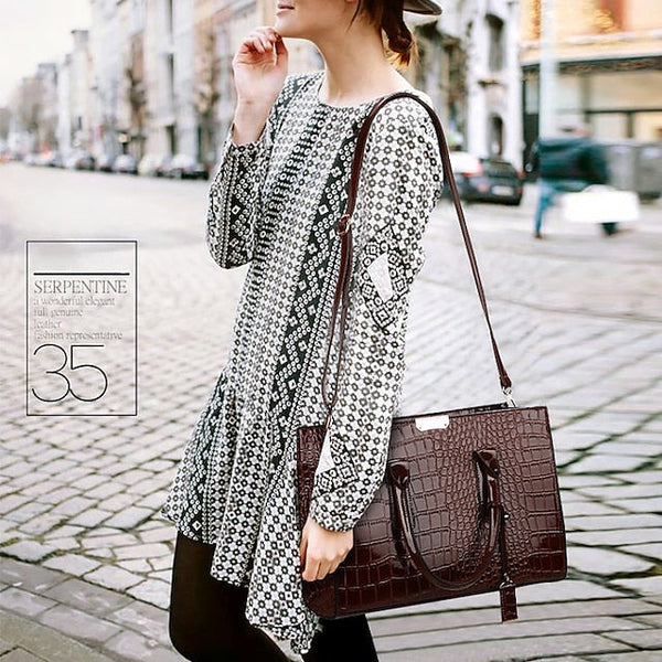 Women's Black Patent Crocodile Leather Pattern Handbag with FashionChic