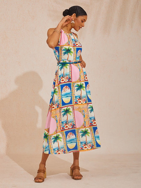 Vacation Geometric Floral Print Waist-cinching Sleeveless Satin FashionChic