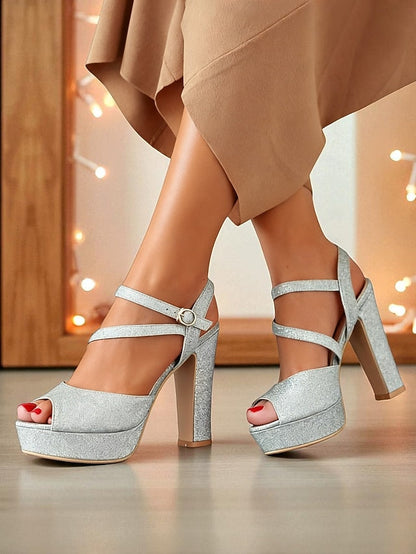 Strap Ankle Heel Women's Platform Sandals with Glitter High FashionChic