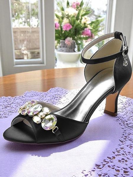 Open Satin and with Strap Ankle Toe Heels Women's Black FashionChic