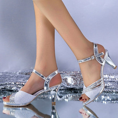 - Women's Heel Straps Sandals Mid Silver Glitter with FashionChic
